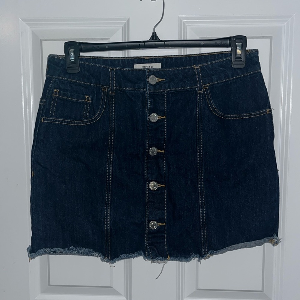 Denim Dark Wash Button Front Mini Skirt with Distressed Hem